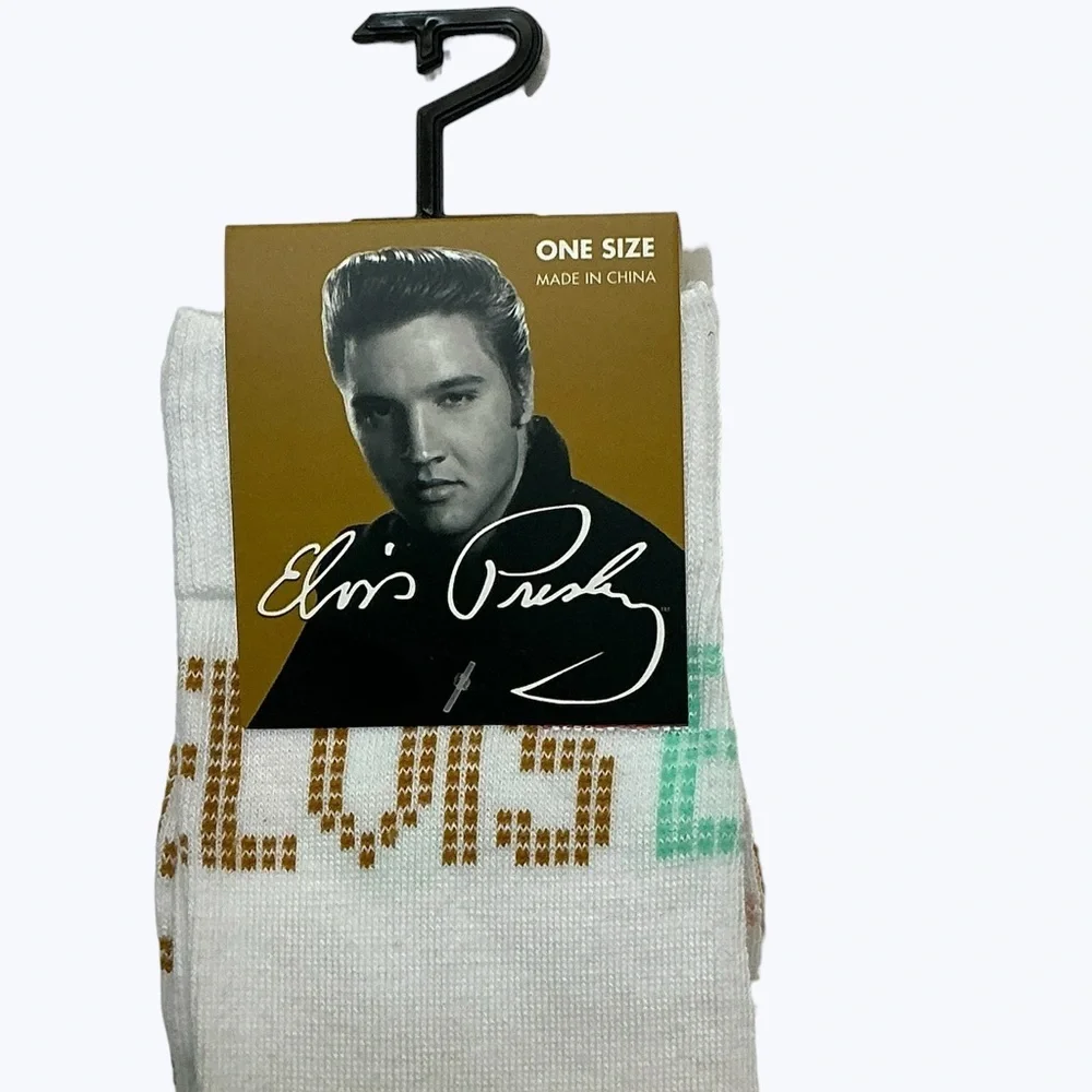 Elvis King of Rock Crew Socks Novelty White  Unisex One Size 7-12
